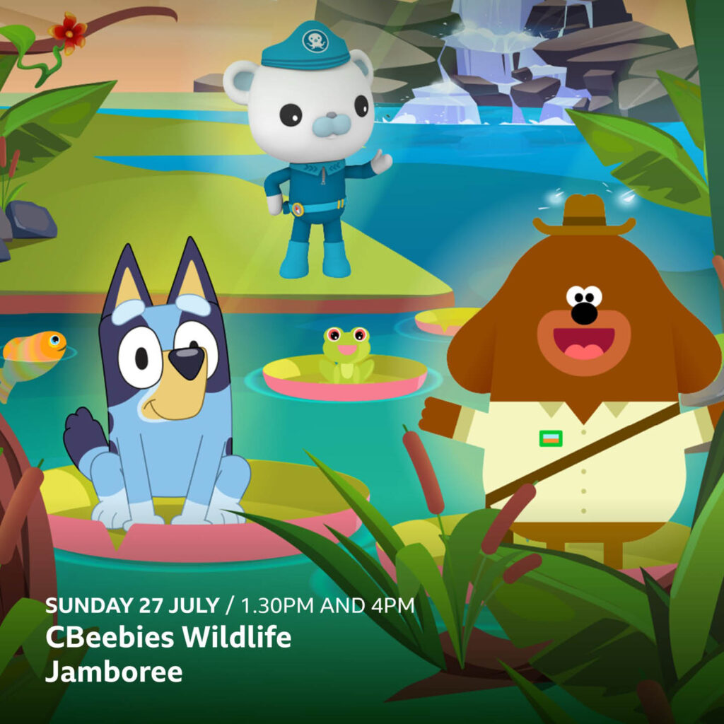 CBeebies characters sit in a natural landscape. White text in the bottom left corner says: CBeebies Wildlife Jamboree.