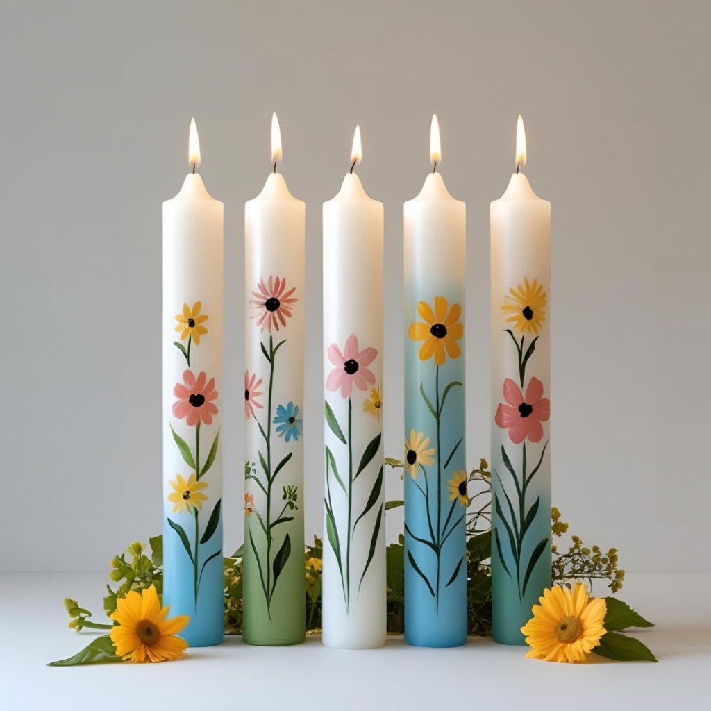 Five white long candles painted with dainty flowers in pastel colours.