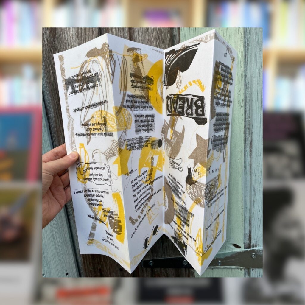 A fold out zine featuring black, white and yellow illustrations and text. It is an example of one of the zines you can create at the concertina zine workshop at BALTIC.