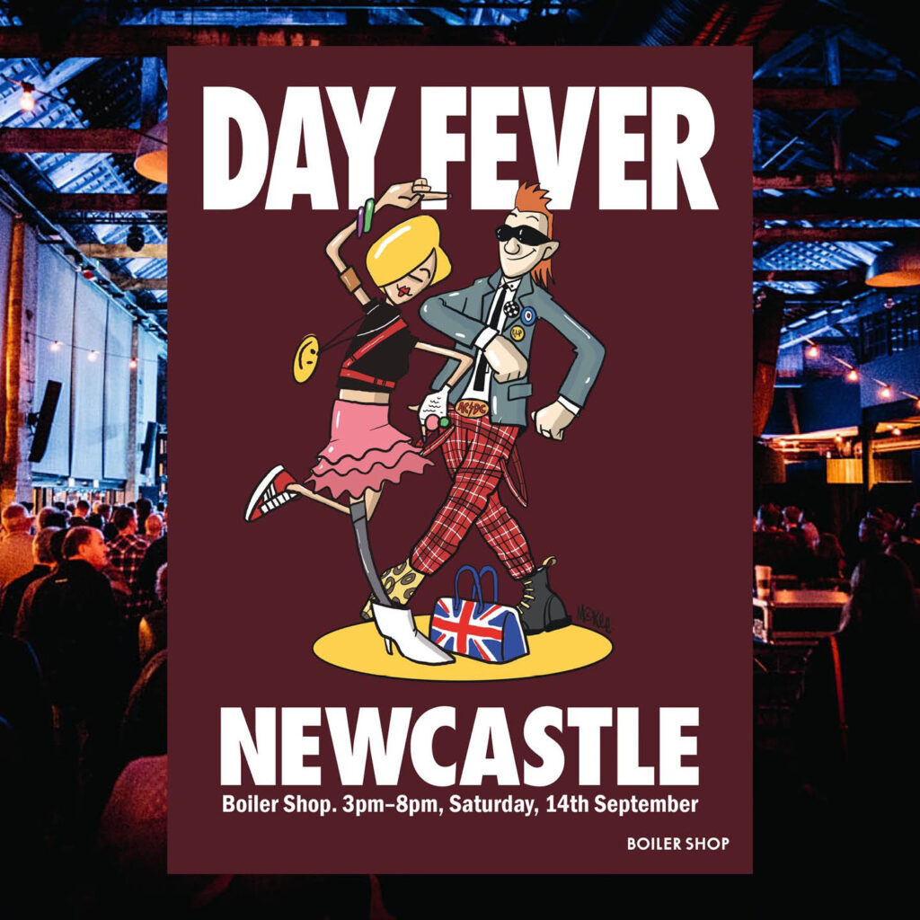 Cartoon graphic of a woman and man dancing in 90s clothing. White text says: Day Fever Newcastle.