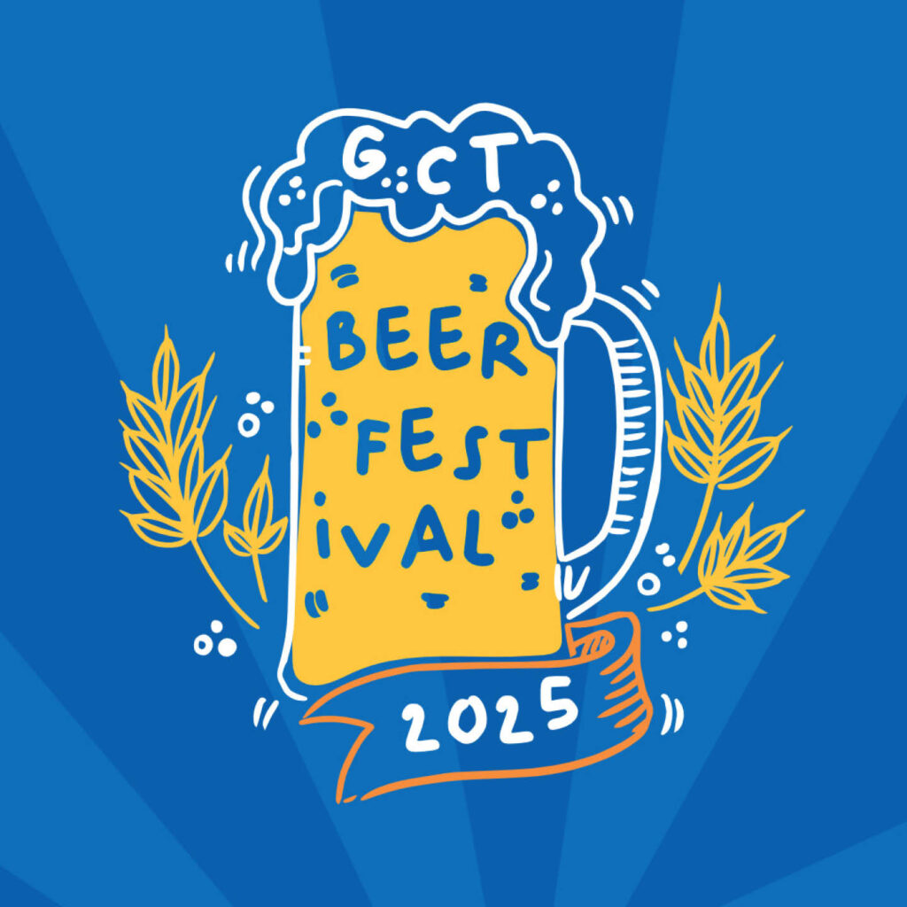 A graphical drawing of a beer stein with foam spilling over the top. Wheat sheathes emerge on either side. Blue text in the beer says: GCT Beer Festival 2025.