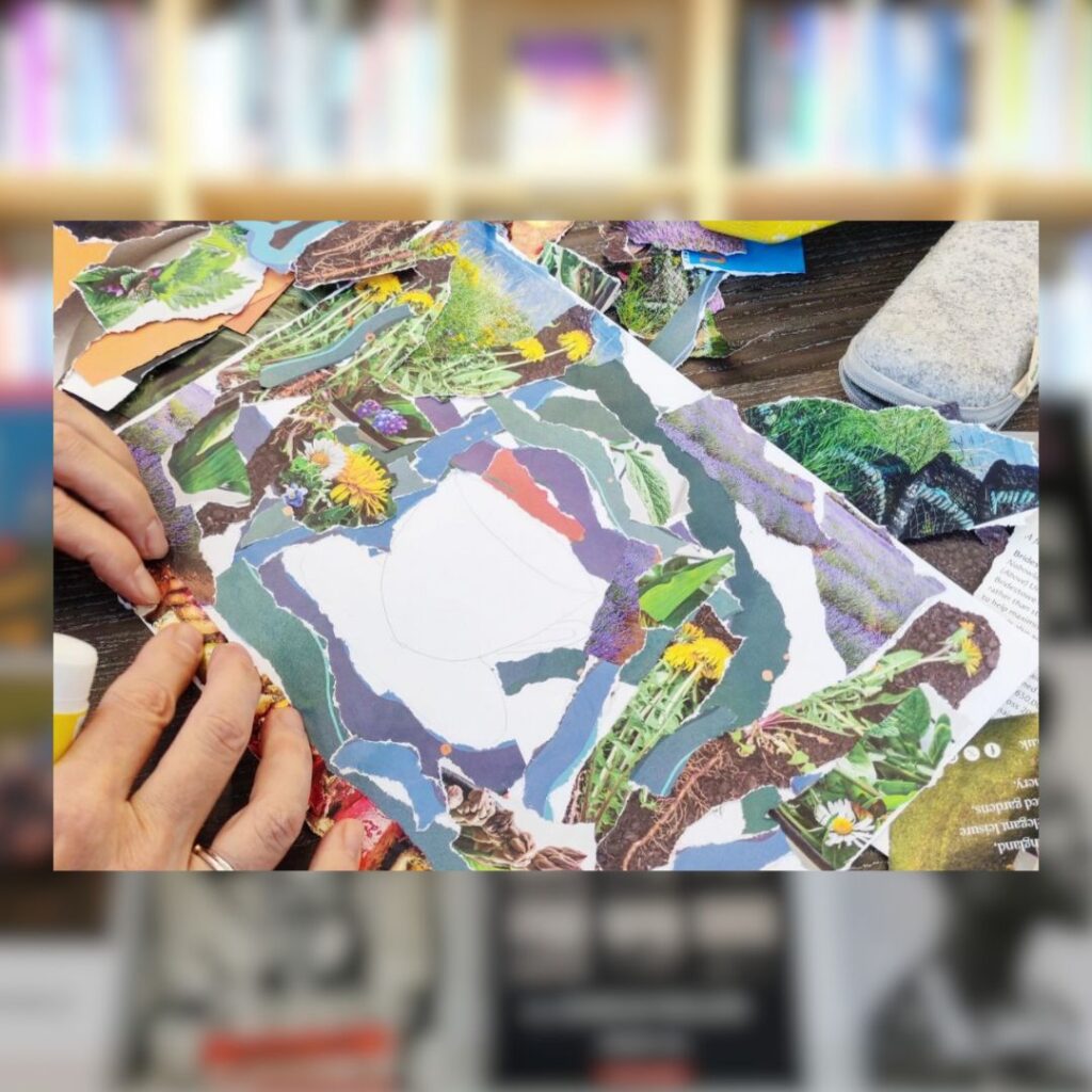 Someone sticks down a piece of paper on an abstract colourful collage. They are taking part in the Grounding my Body zine workshop at BALTIC.
