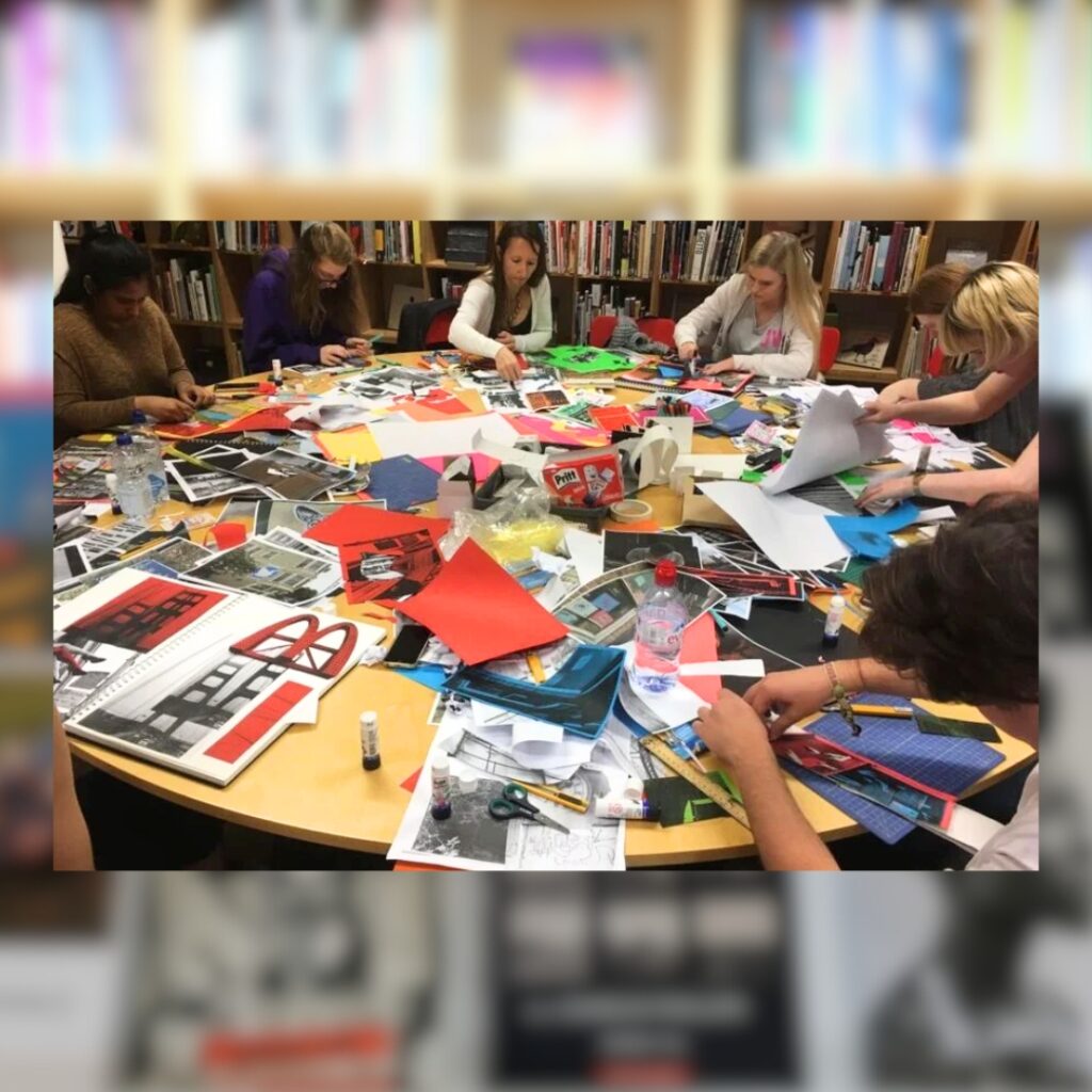 People sit around a circular table covered in art materials. They get stuck into making an info-zine during one of the zine workshops at BALTIC.