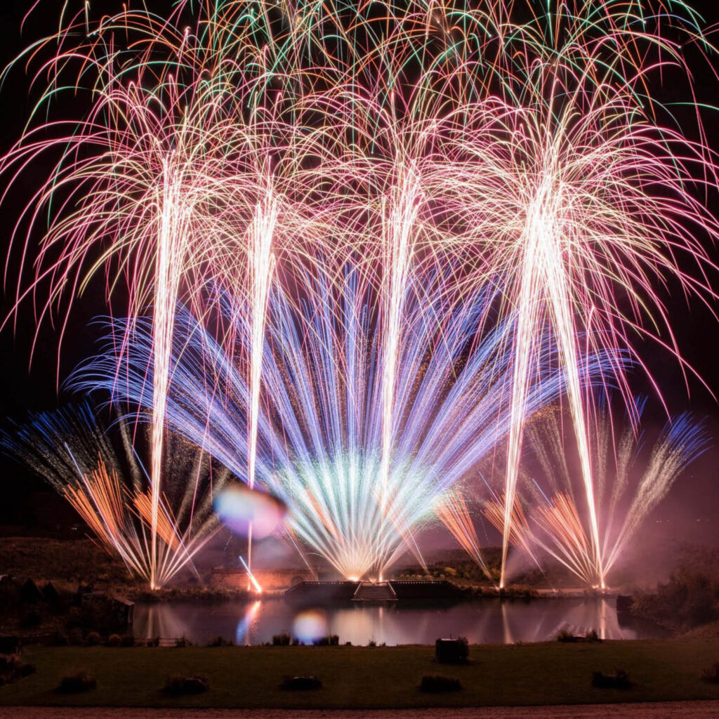 Huge blue, purple and pink fireworks fan out against the night sky above Auckland Palace.