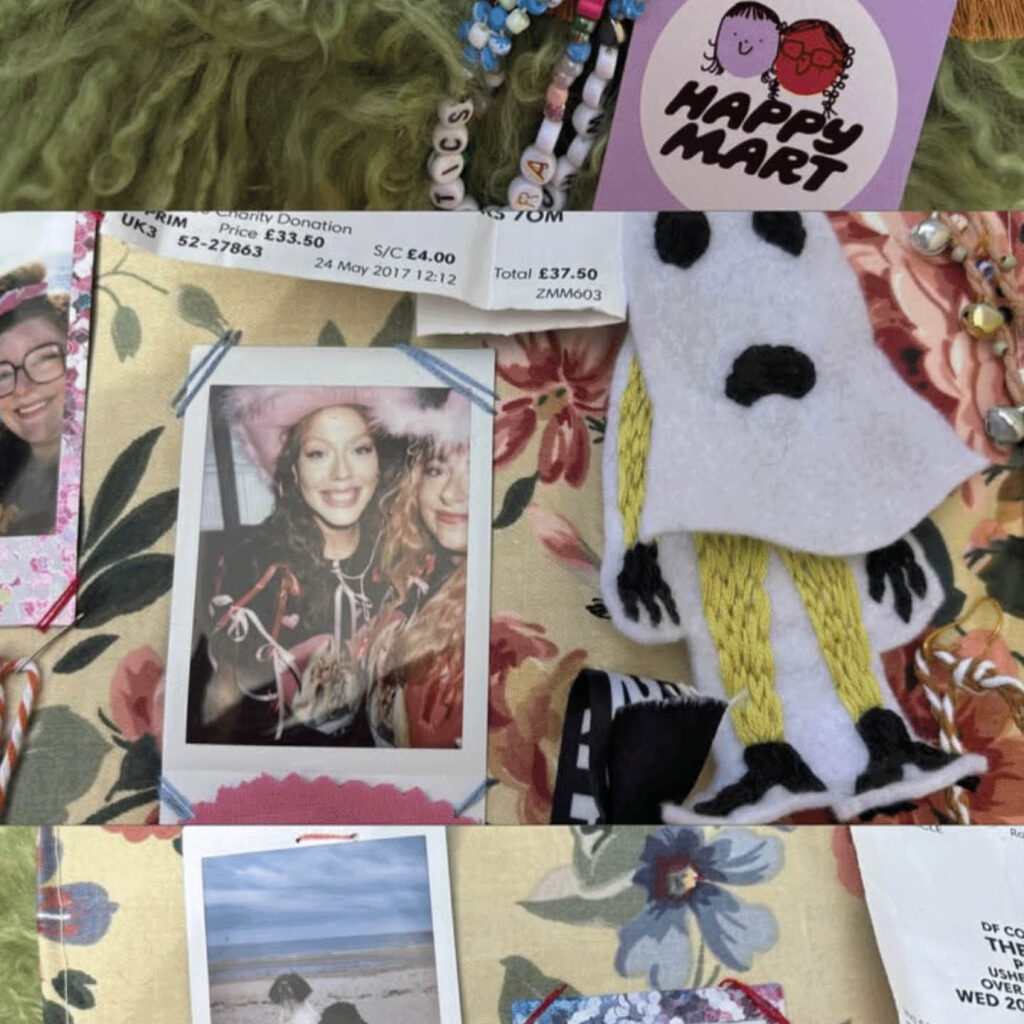 Photos, friendship bracelets and cutouts laid on a piece of fabric. They are going to be made into a memory banner at Bianco Perry's workshop.