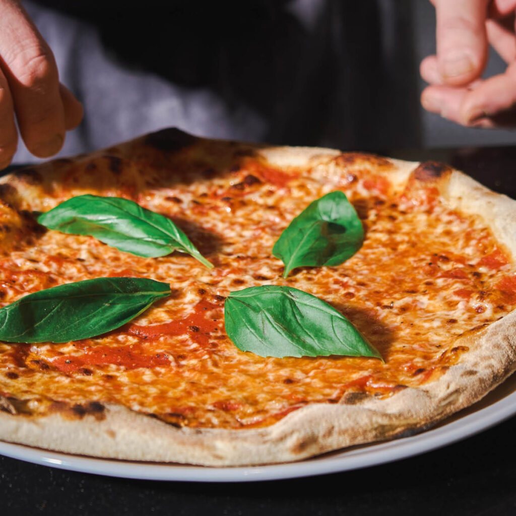 A cheese pizza topped with four basil leaves.
