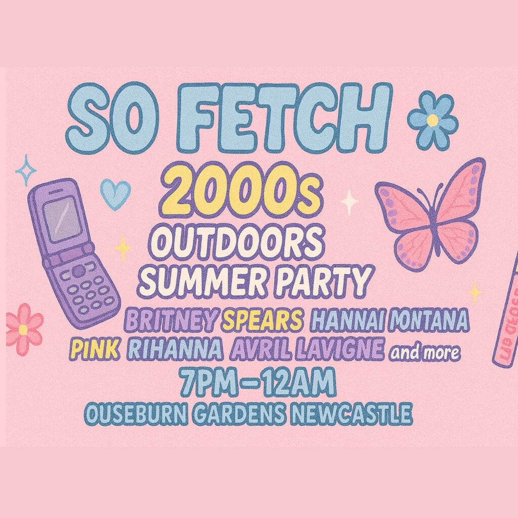 Pastel coloured bubble text against a baby pink background. The text says: So Fetch, 200s Outdoors Summer Party. Drawings of butterflies, flowers, a mobile phone and lip gloss surround it.