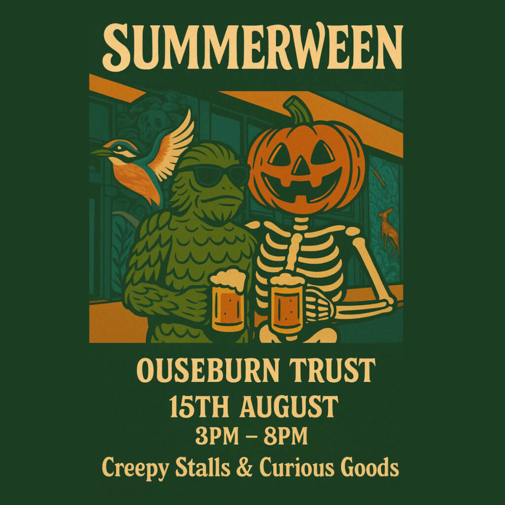 A retro style poster with the yellow words: Summerween, Ouseburn Trust, 15th August. An illustration shows a yeti in sunglasses and a pumpkin headed skeleton holding beer pints.