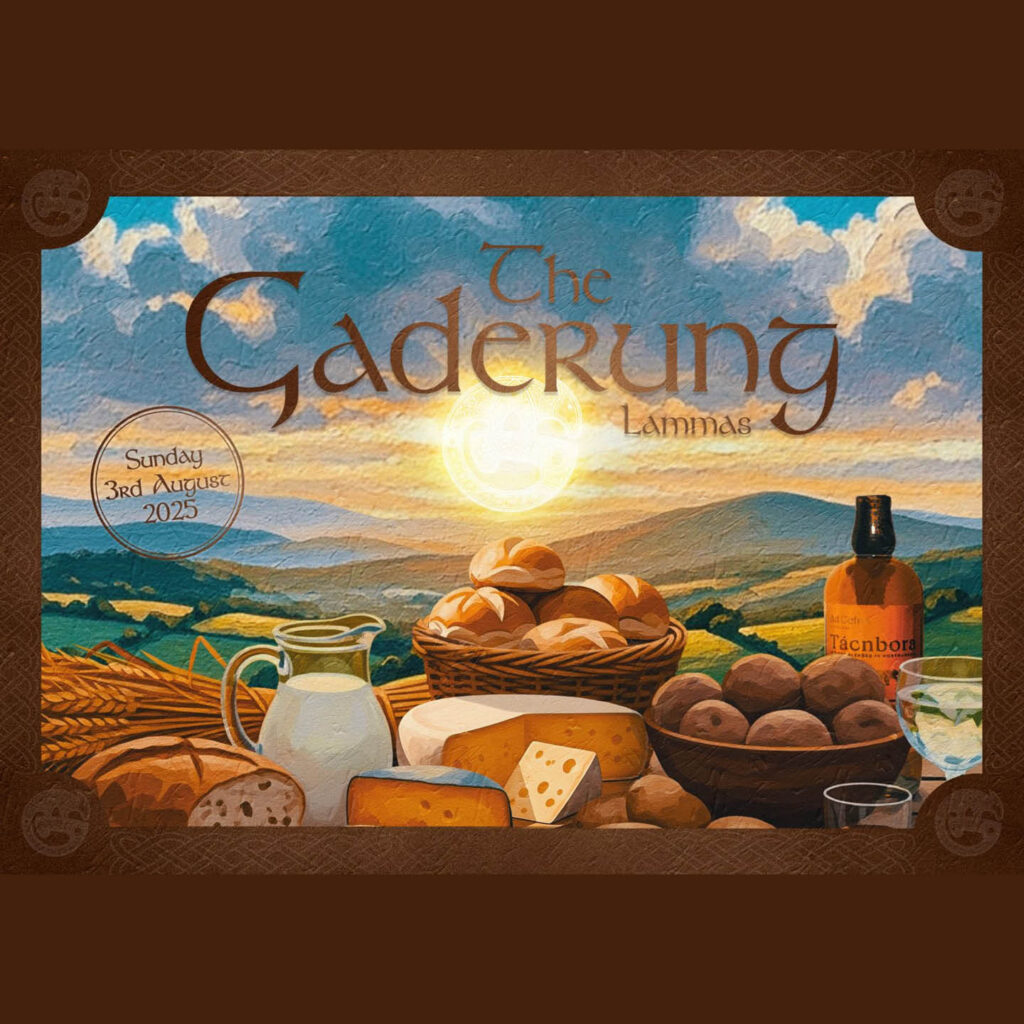 Old style painting of baskets of bread, cheese, fruit, a jug of milk and a bottle of gin. The sun rises between rolling fields behind the food. Above the it, medieval style text says: The Gaderung.