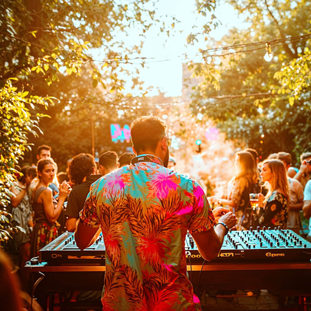A man wearing a colourful Hawaiian shirt DJs at a deck. His back is to the camera and he faces a crowd who dance in a leafy garden.