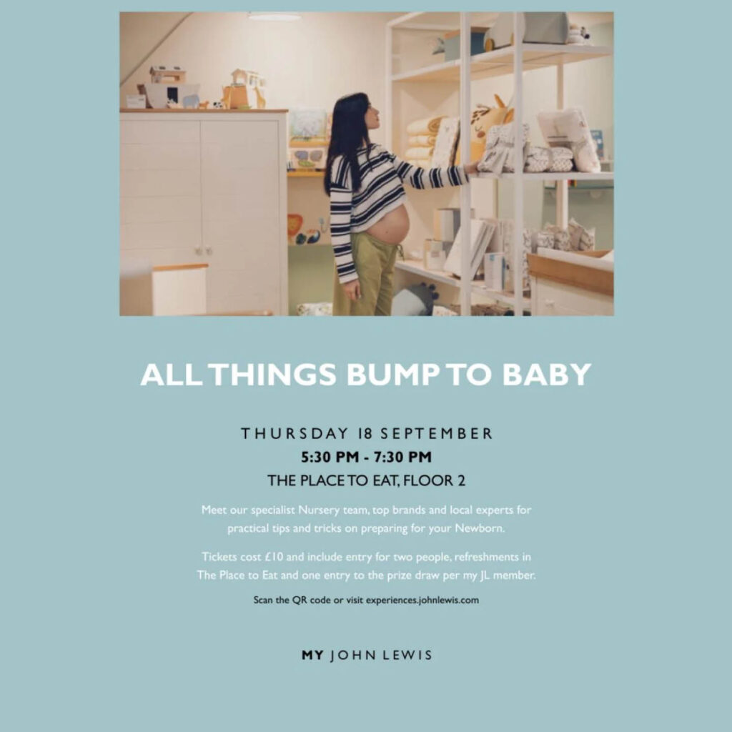 A pregnant woman in a black and white striped jumper and green trousers browses baby toys on a shelf. White text beneath the image says: All Things Bump to Baby.