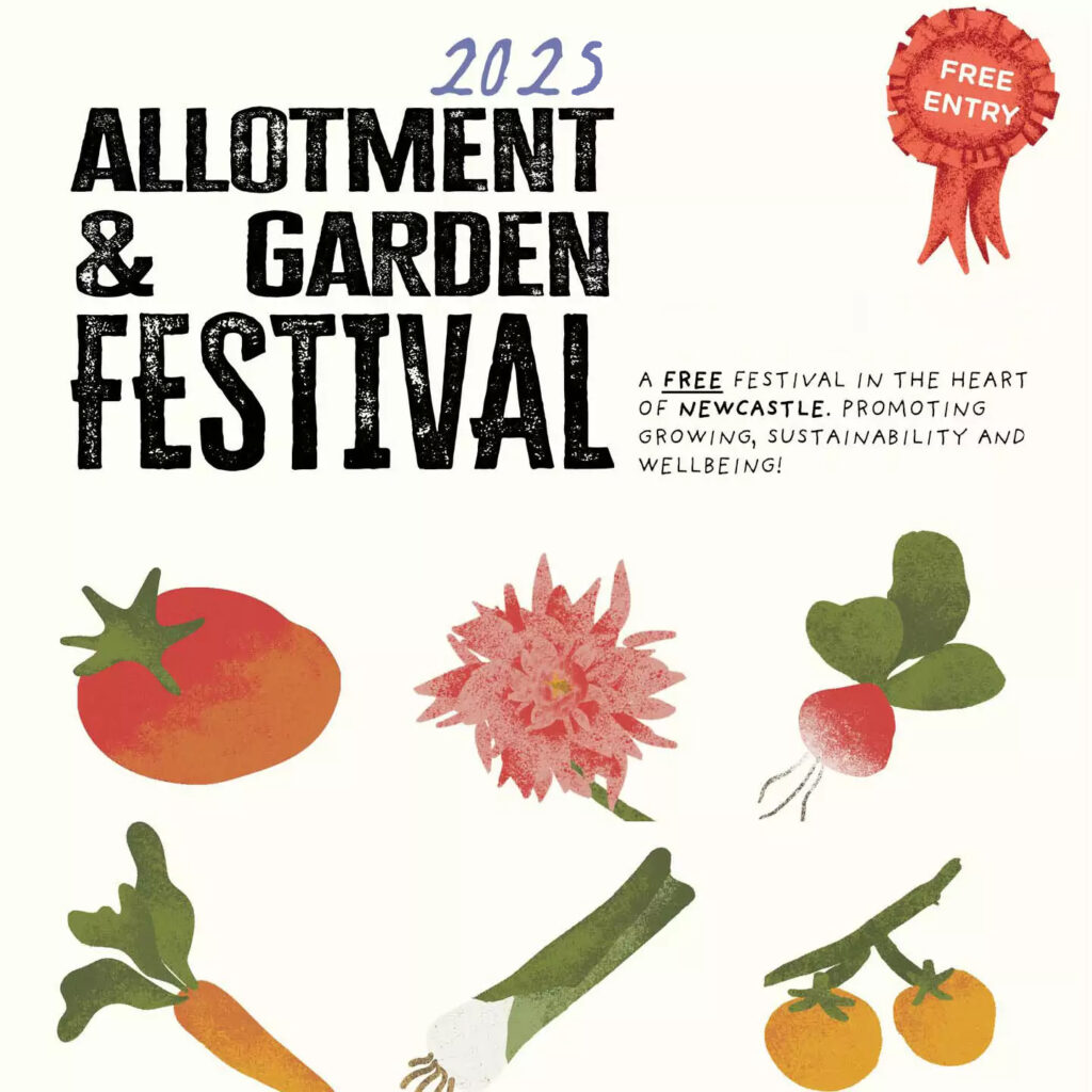 Watercolour illustrations of vegetables on a cream background. Black bold text says: Allotment and Garden Festival. A red rosette in the top right corner has the words: Free Entry.