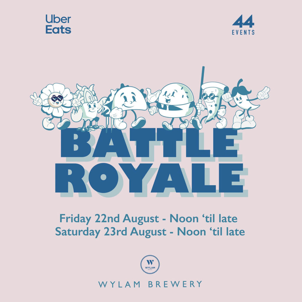 Pale pink background overlaid with cartoon drawings of different types of food, including a taco, a burger, a slice of pizza and a chilli. They all have smiling faces, arms and legs. They stand on top of bold blue text which says: Battle Royale.