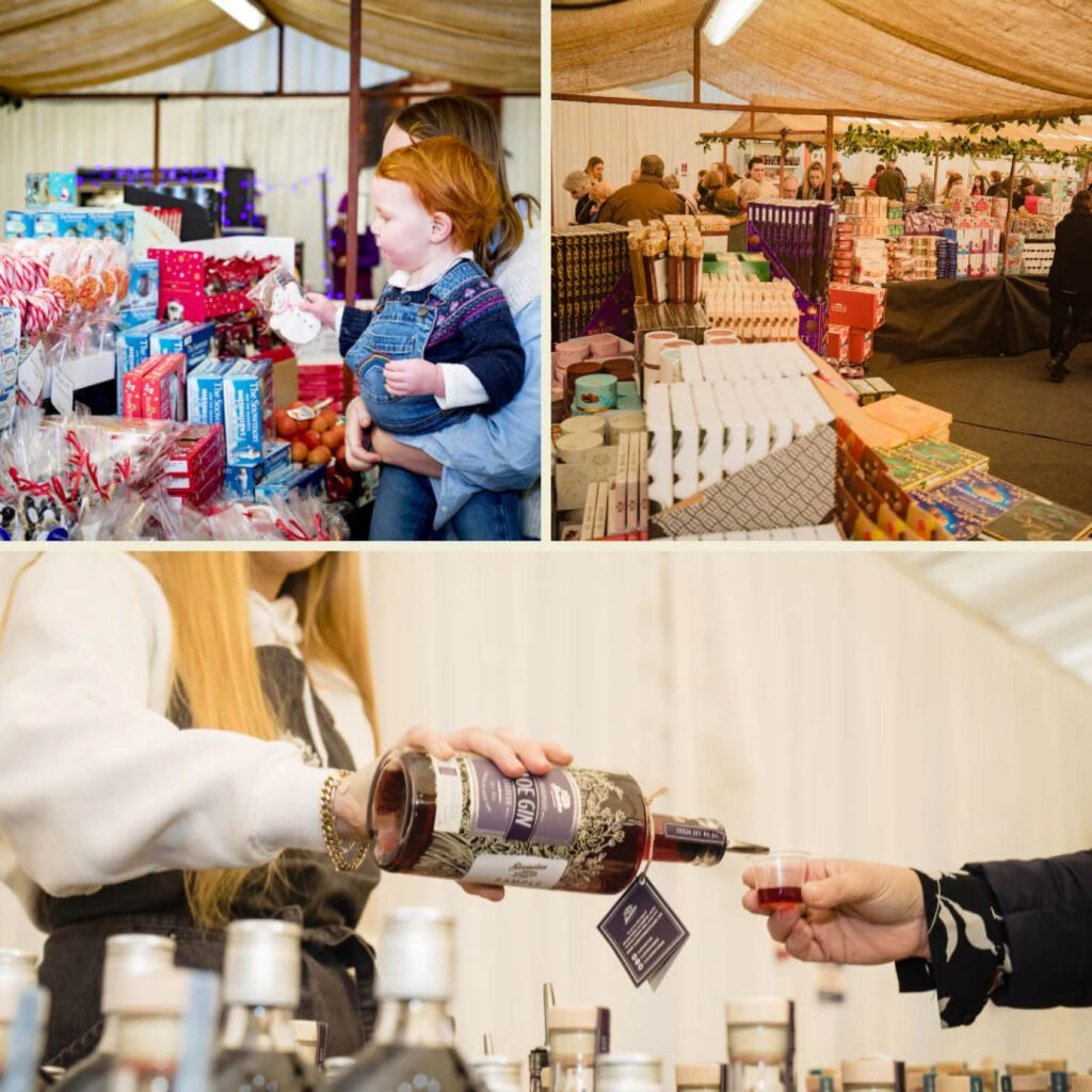 Snapshots of Brocksbushes Farm's Christmas Fayre, including a woman pouring a sample of sloe gin, people browsing stalls in a large tent, and a toddler holding a gingerbread snowman.
