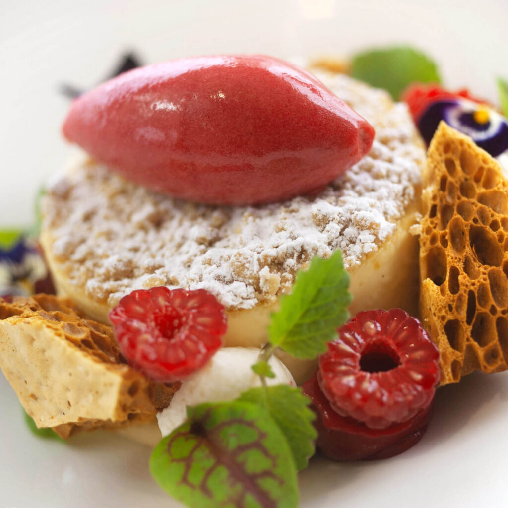 A sugar dusted dessert decorated with raspberries, mint, honeycomb, edible flowers and a curl of raspberry sorbet.