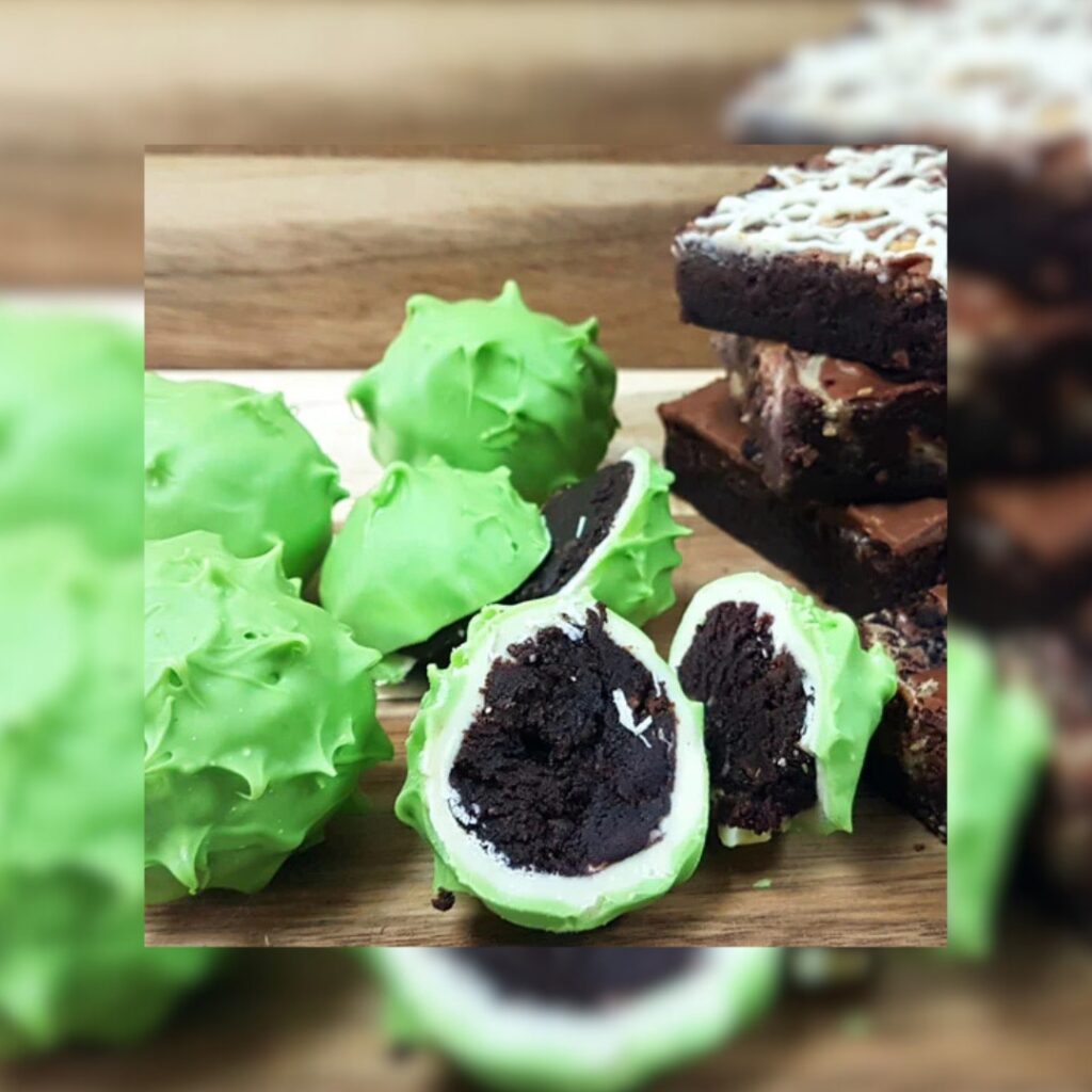 Chocolate brownie balls coated in a thick layer of white and green chocolate to make them look like conkers.