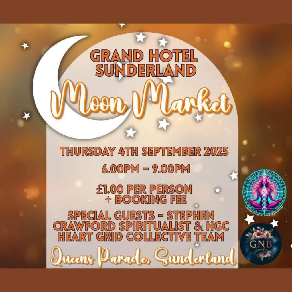 Orange poster with white stars and a crescent moon. Text says: Grande Hotel Sunderland Moon Market.