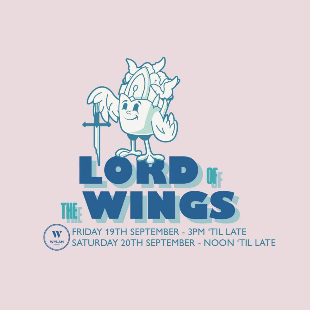Pale pink background with a cartoon drawing of a smiling chicken wing holding a sword. Beneath it, bold blue words read: Lord of the Wings.