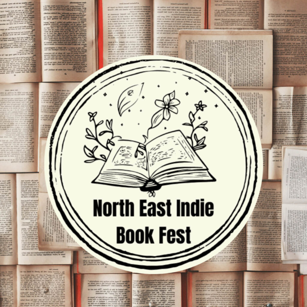 Yellowed pages of books create a background for the circular North East Indie Book Fest logo.