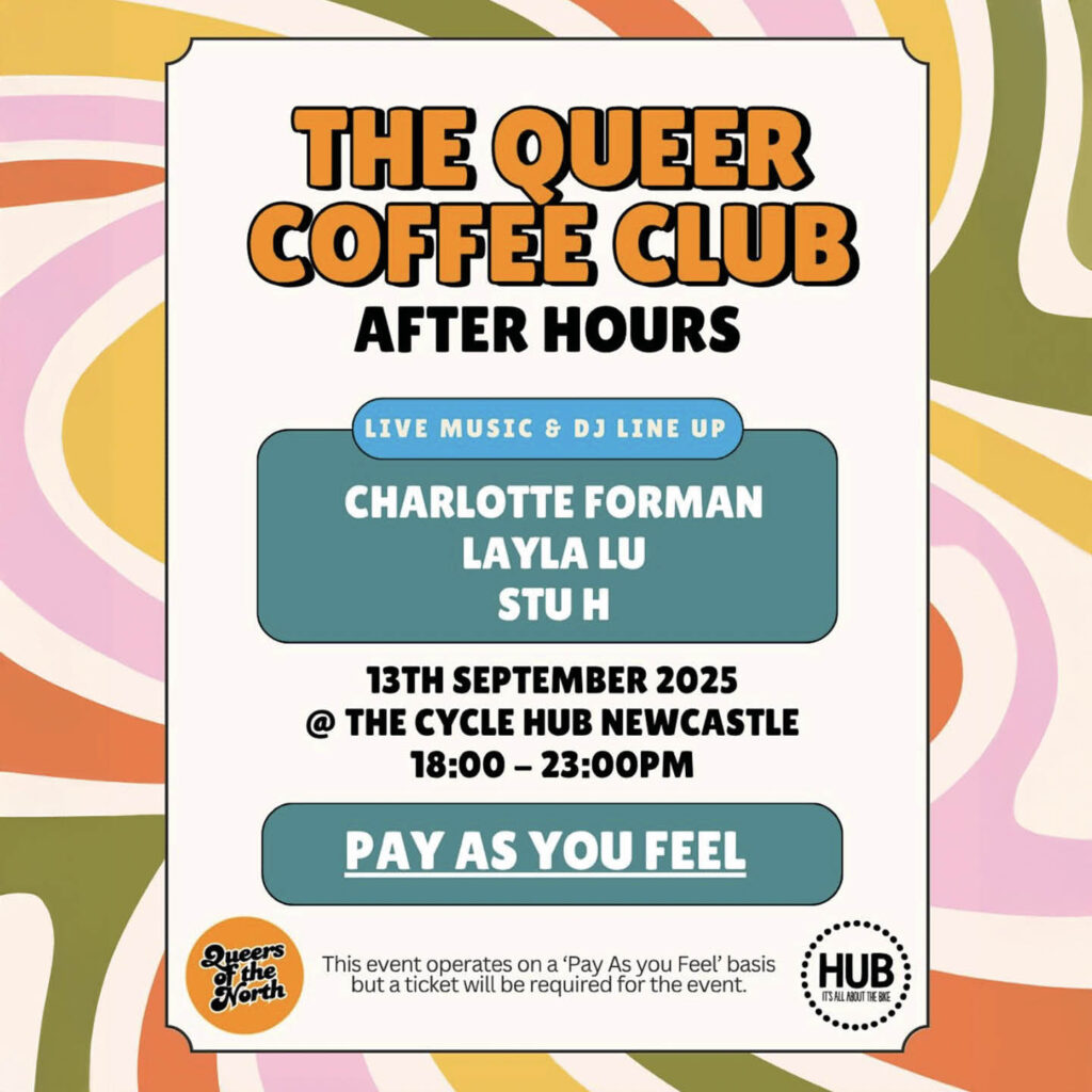 Swirly colourful background overlaid with text. It says: The Queer Coffee Club, After Hours.