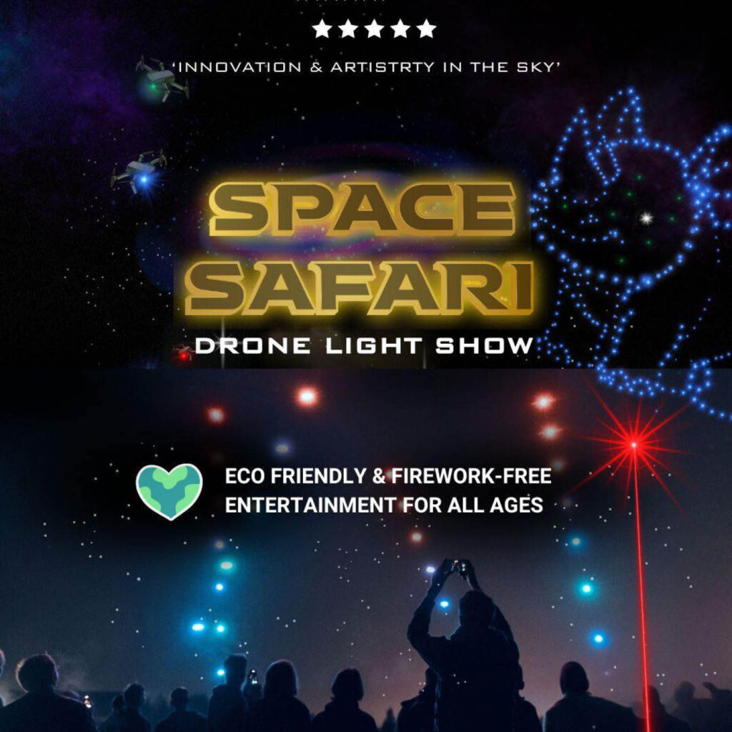 Light drones create the shape of a rhino in the night sky. Silhouettes of people take photos of it from the ground. Futuristic gold text says: Space Safari, Drone Light Show.