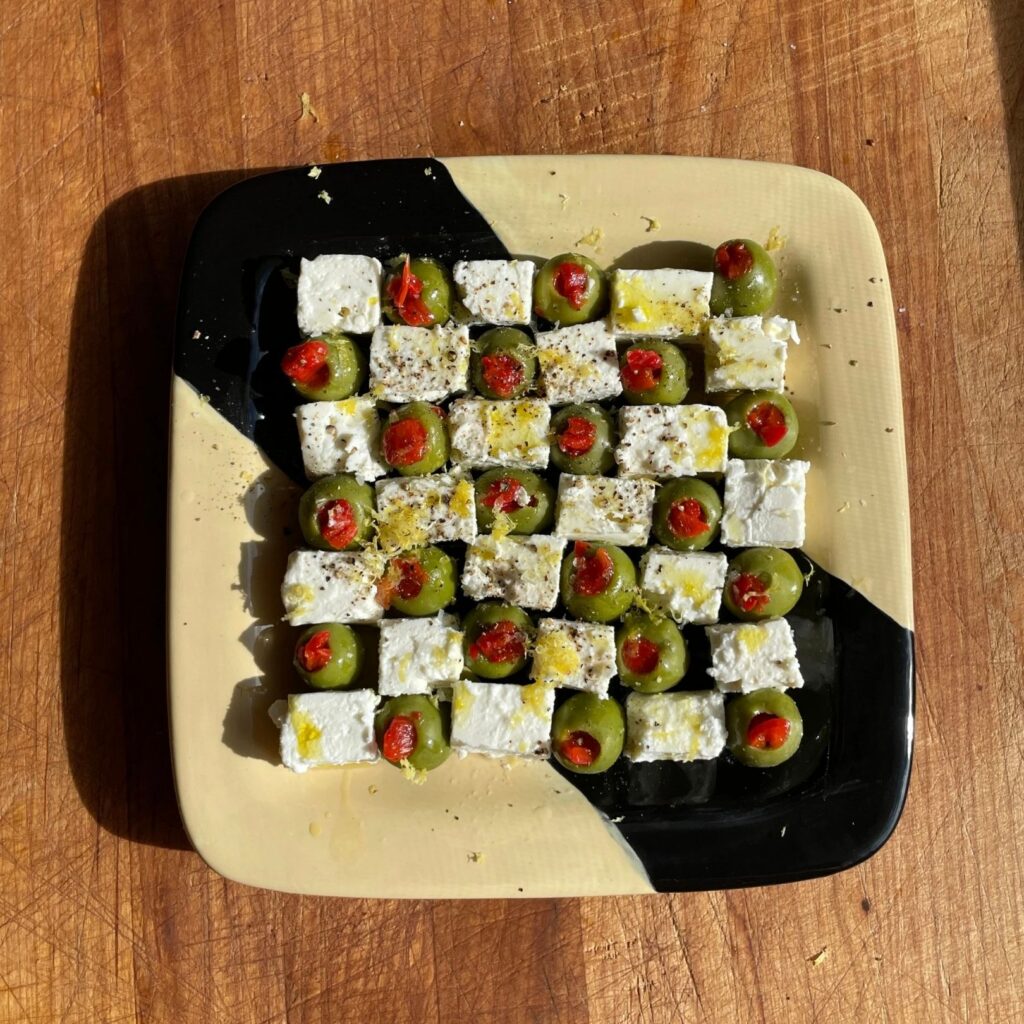 Feta and olive checkerboard appetiser