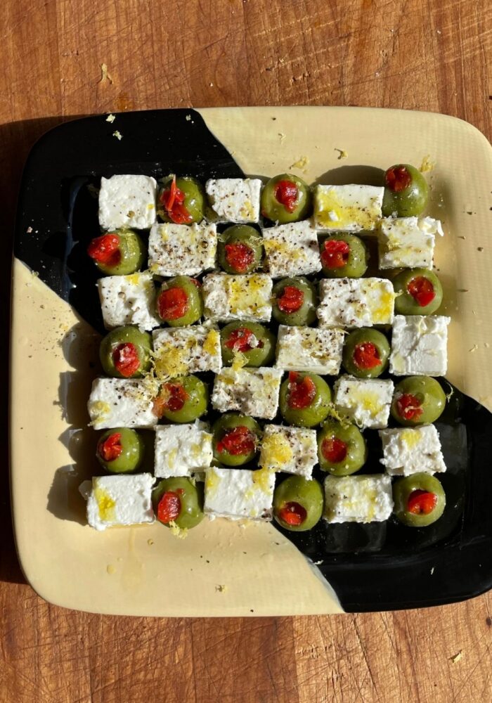 Feta and olive checkerboard appetiser