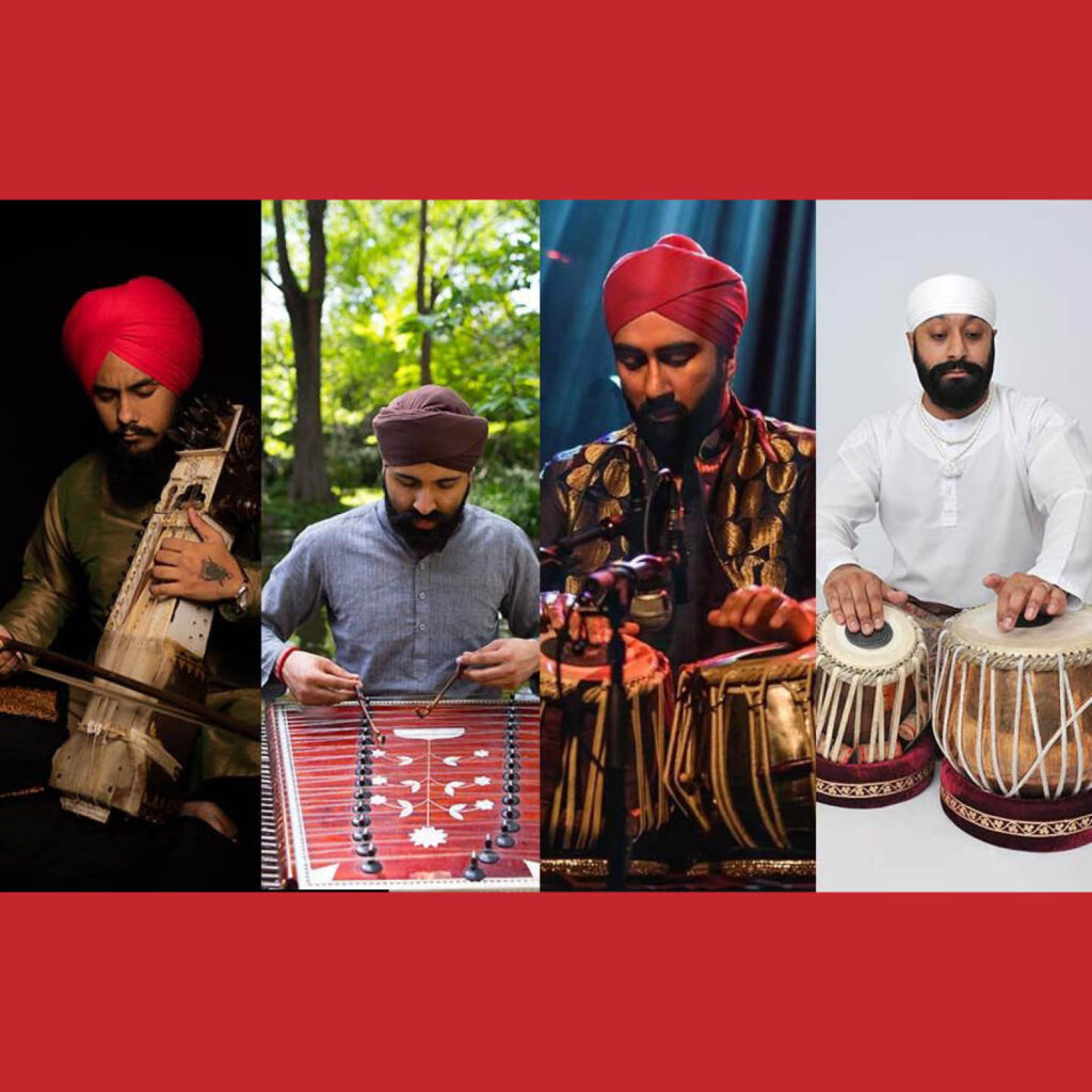 Images of four Indian musicians playing string instruments and drums.