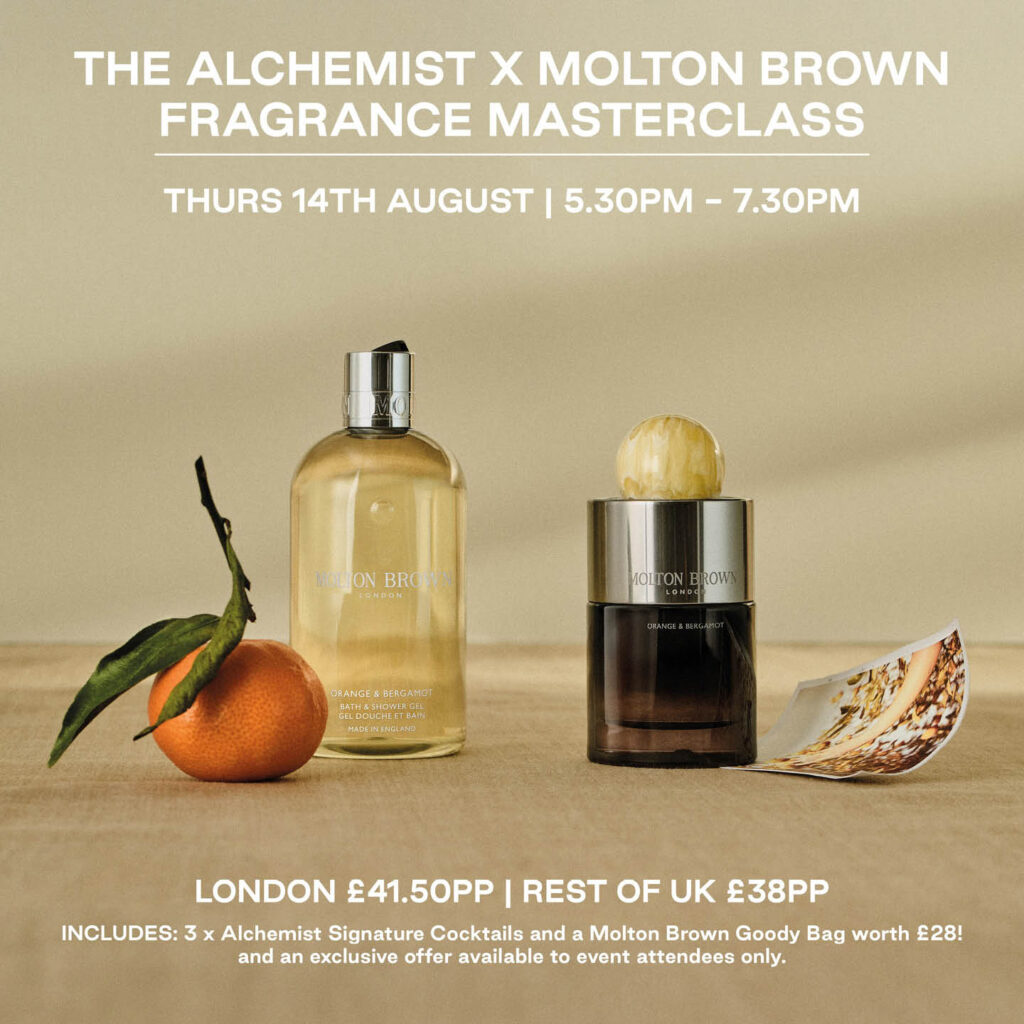 Two Molton Brown bottles sit side by side on a sand coloured background. An orange sits next to one of them, while a photo of leaves lies next to the other. Above this, white text says: The Alchemist x Molton Brown Fragrance Masterclass, Thurs 14th August.