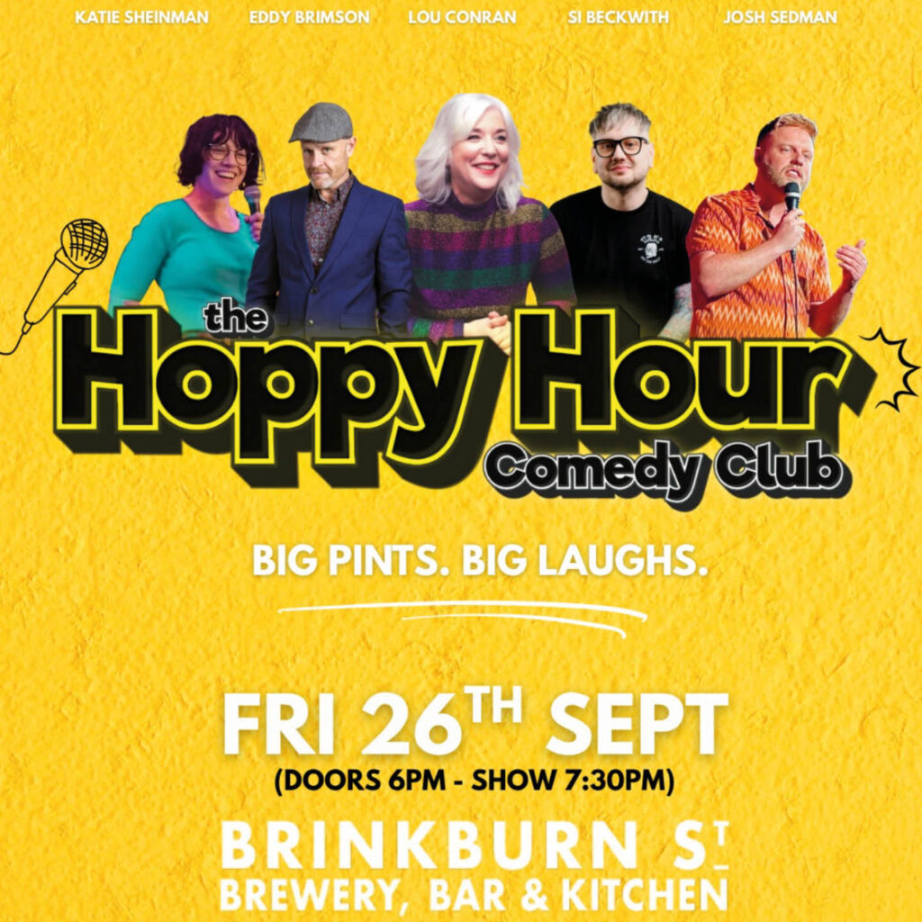 A lineup of comedians against a bright yellow background. Bold black text says: The Hoppy Hour Comedy Club.