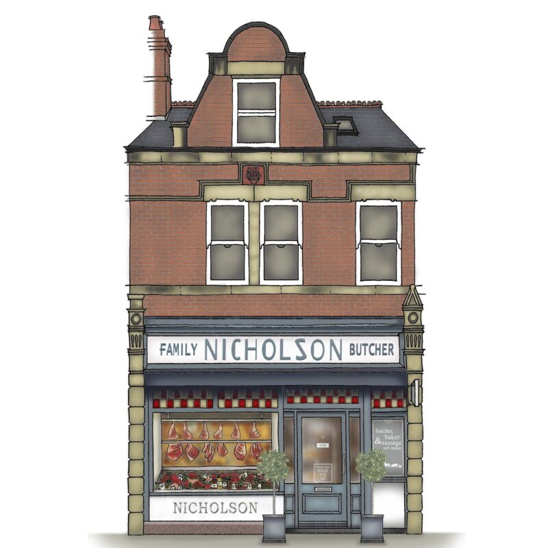 Illustration of Nicholsons Butcher store front