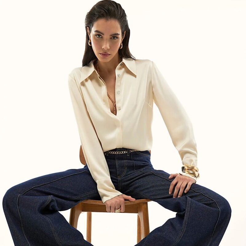 River Island - Cream Satin Long Sleeved Shirt - £29.00