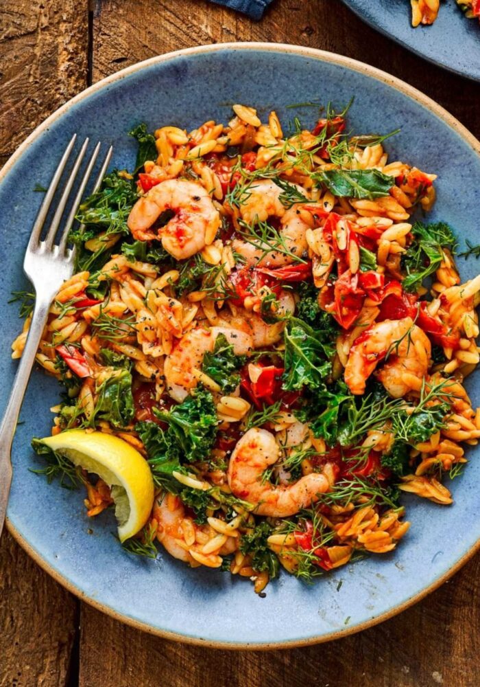 Baked prawn orzo with a spicy harissa kick