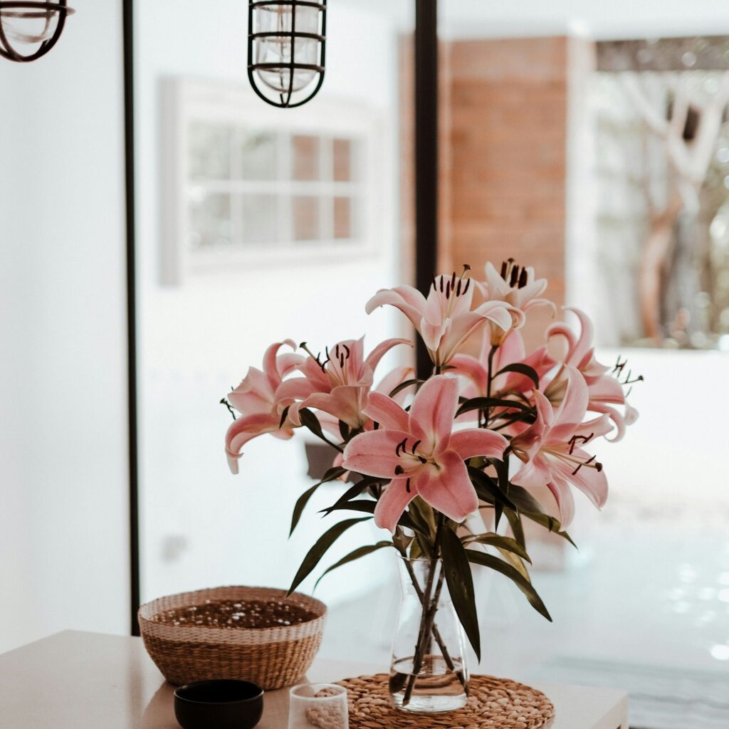 Bouquet of pink lilies on the table