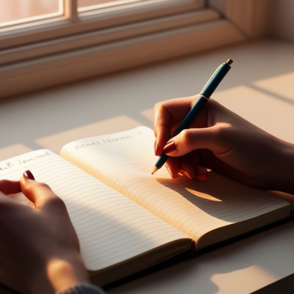 A woman holds a pen and an open journal in the sun light