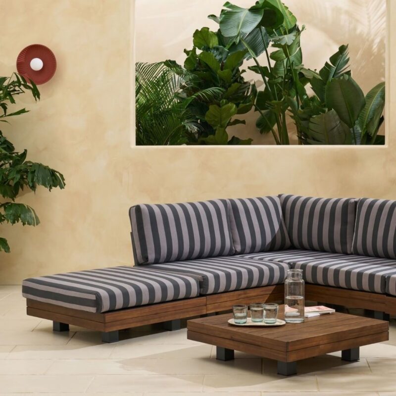 Made, Avarna Garden Wood Corner Lounge Set in Grey Stripe - £1,699.00