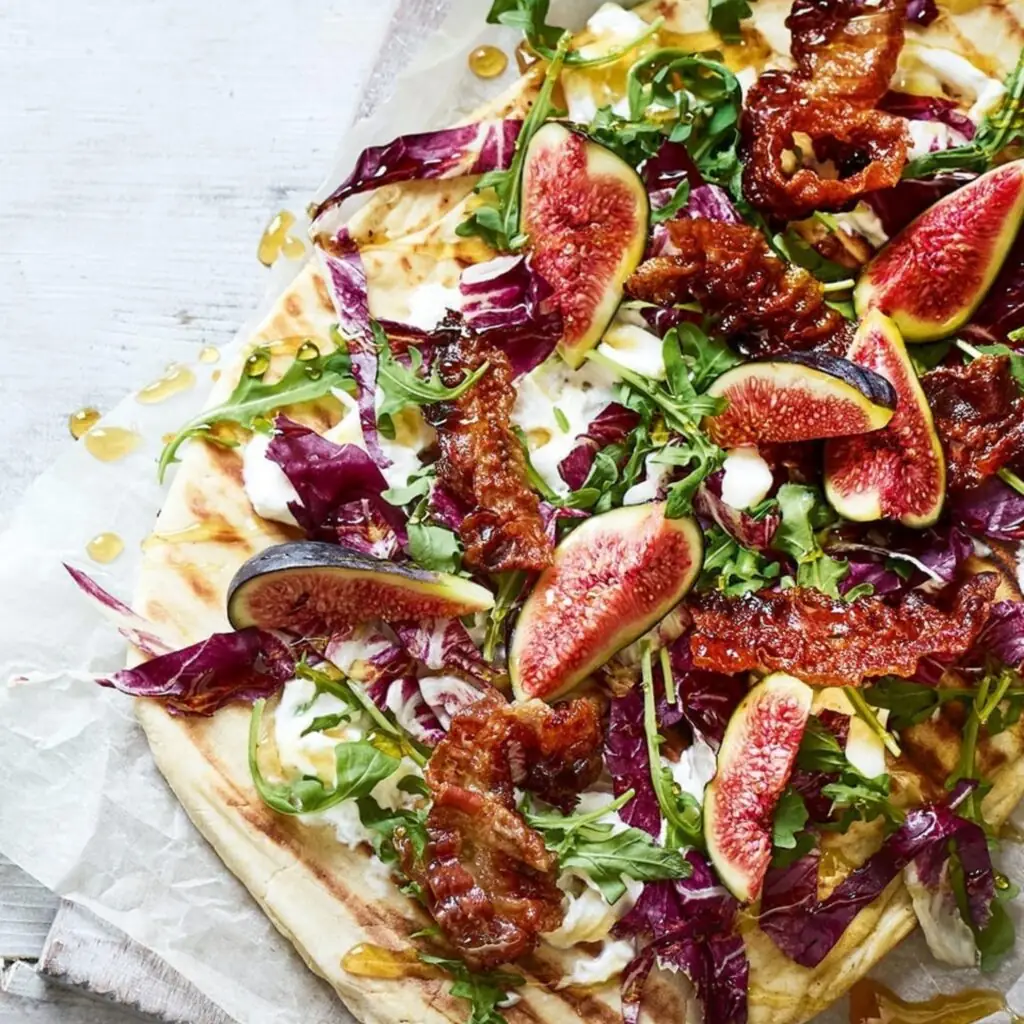 Fig, pancetta and burrata pizzas