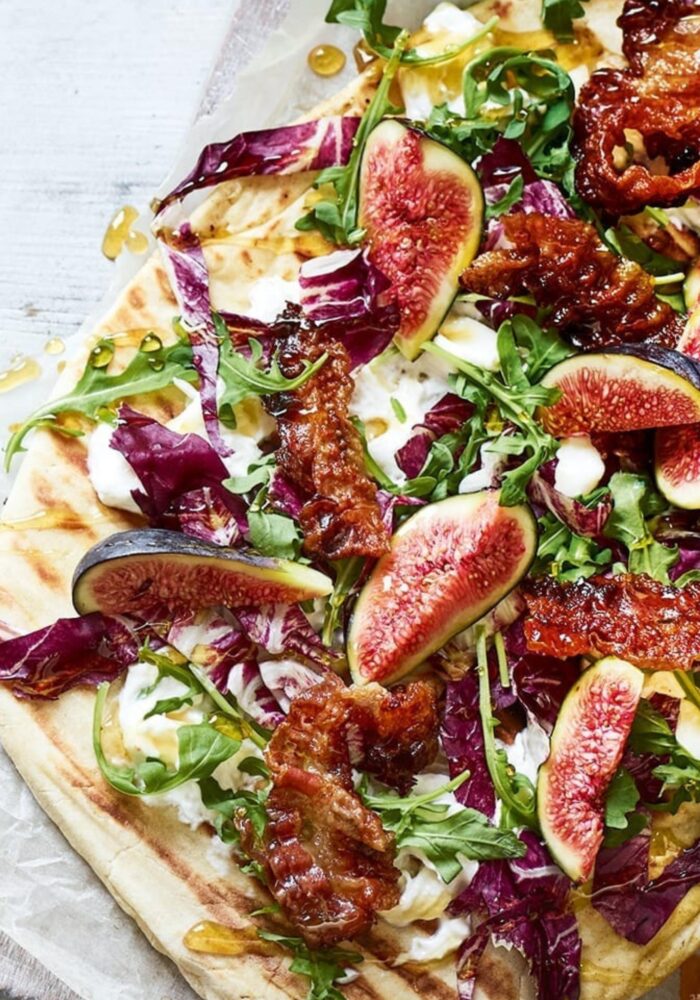 Fig, pancetta and burrata pizzas