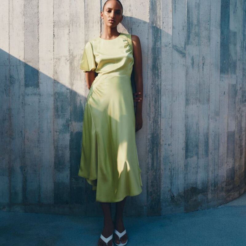 M&S - Satin Round Neck Asymmetric Midi Waisted Dress - £55.00