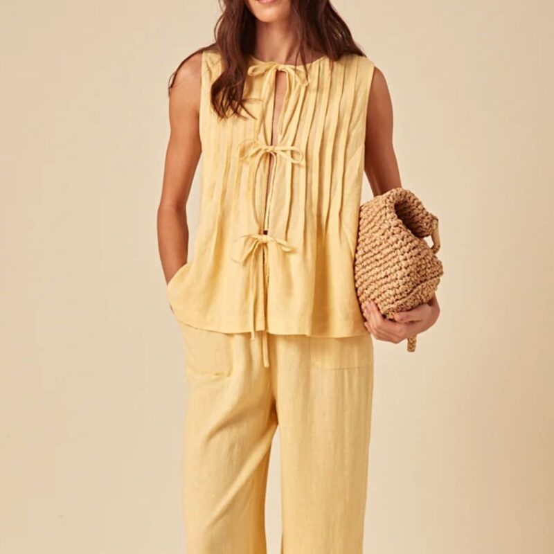 Nobody's Child - Butter Yellow Linen-Blend Tie Front Top - £55.00