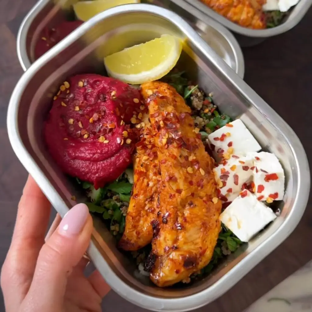Sticky harissa chicken and beetroot hummus lunch boxes