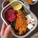 Sticky harissa chicken and beetroot hummus lunch boxes