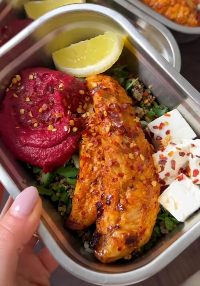 Sticky harissa chicken and beetroot hummus lunch boxes
