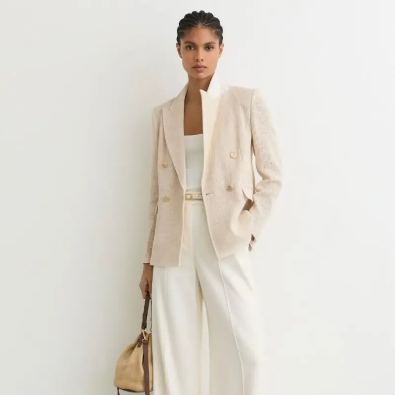 Reiss - Open-Weave Double-Breasted Blazer in Cream - £298.00