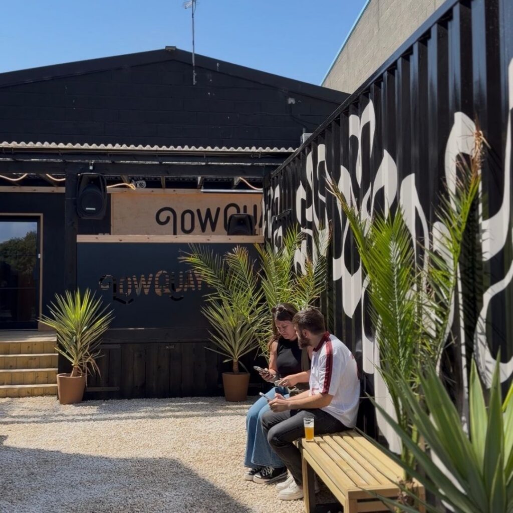 Low Quay Brew Co outdoor seating with converted shipping-container bar, North Shields Fish Quay.
