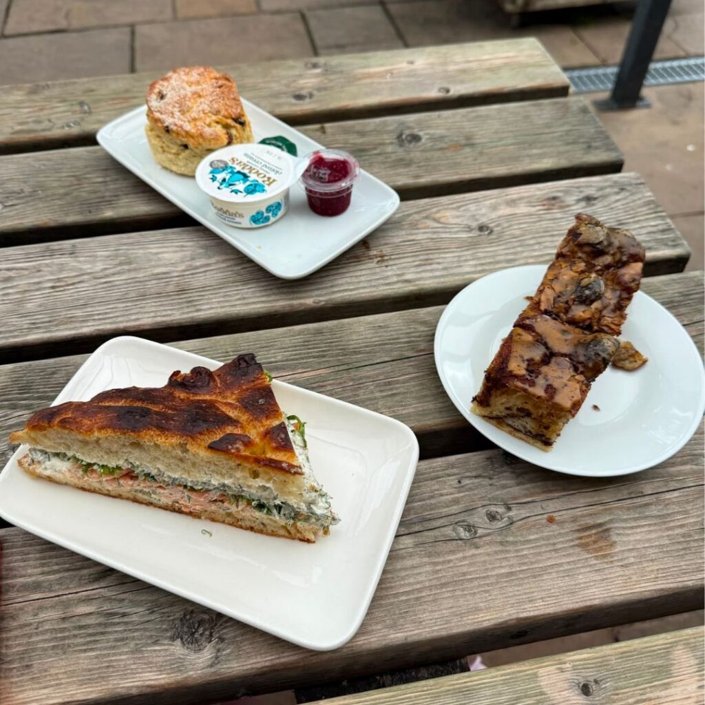 Smoked salmon sandwich and coffee cake from Pilgrims Coffee, Lindisfarne
