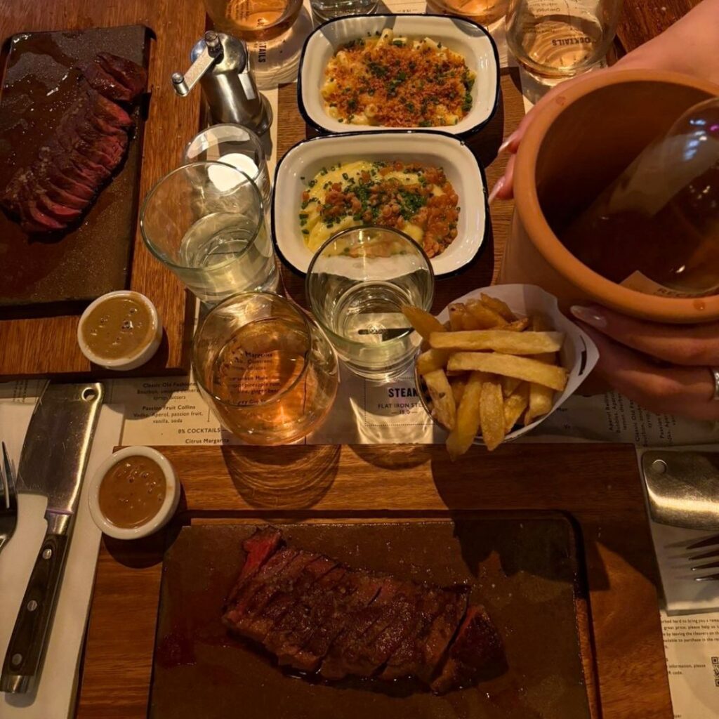 Flat iron steak, mac and cheese and fries from Flat Iron, Grey Street