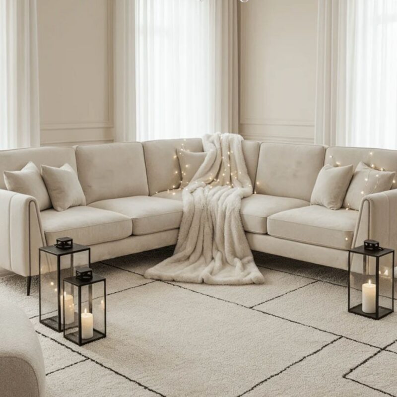 Alaina Cream Velvet Large Corner Sofa with Black Legs