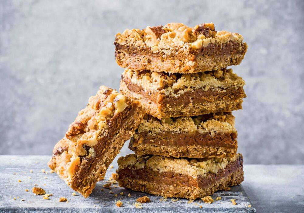 Salted honey caramel and walnut slice
