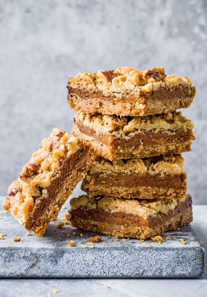 Salted honey caramel and walnut slice
